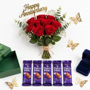 Anniversary Surprise Bouquet - Red Roses + 5 Dairy Milk + Ring Box