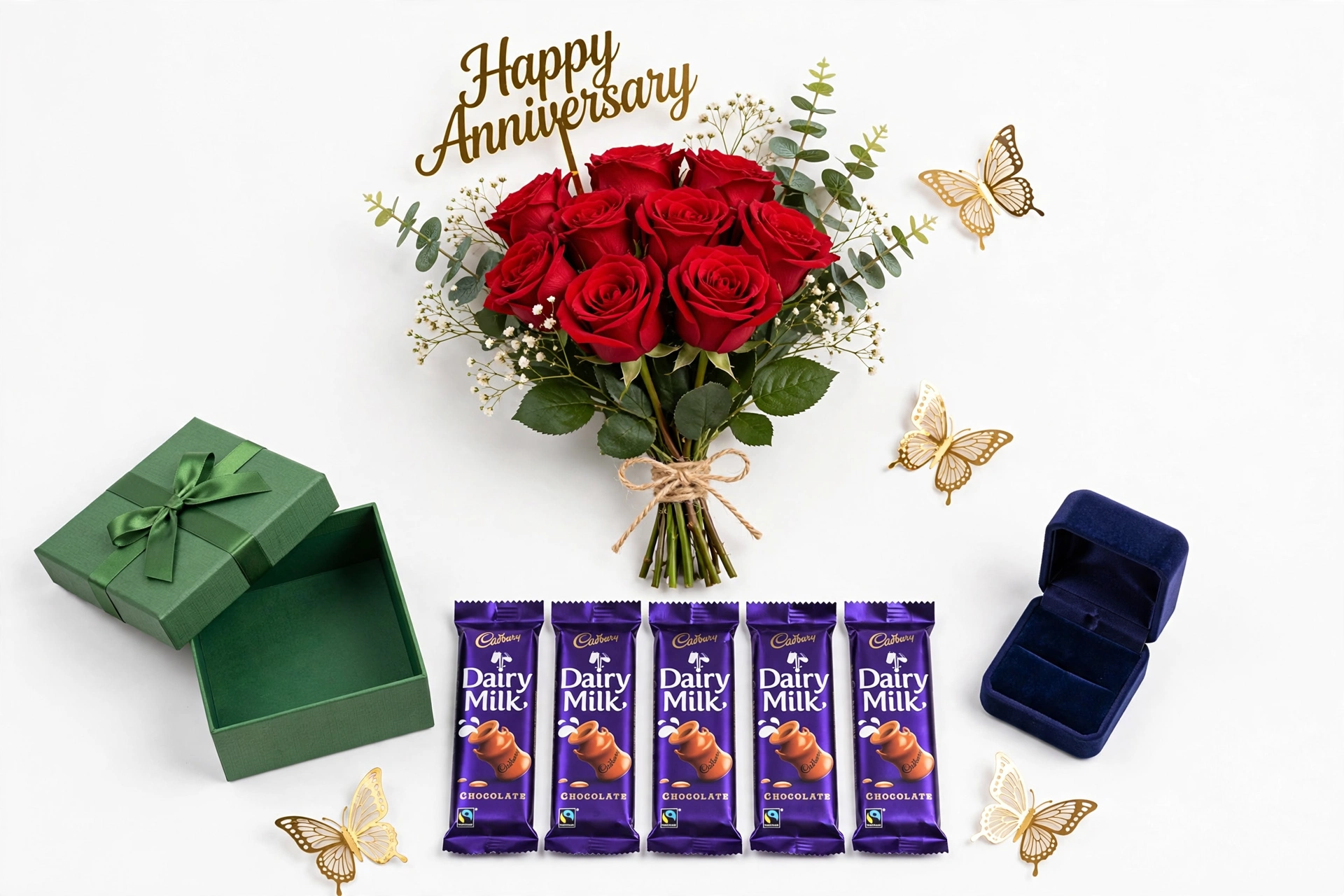 Anniversary Surprise Bouquet - Red Roses + 5 Dairy Milk + Ring Box