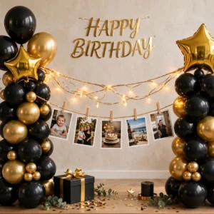 Black & Gold Balloon Decoration + Cake & Gift Combo